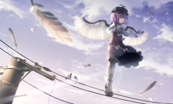 Rule 34 | 1girl, absurdres, animal, animal ears, bird, bird ears, bird wings, black footwear, black thighhighs, brown dress, brown hat, day, dress, feathered wings, feathers, frilled dress, frilled sleeves, frills, full body, hat, highres, long sleeves, meo (user rhdv8385), mystia lorelei, open mouth, outdoors, pink hair, power lines, red eyes, shoes, short hair, sleeve garter, solo, sparrow, standing, thighhighs, touhou, utility pole, white wings, winged hat, wings