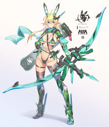Rule 34 | 1girl, ahoge, animal ears, aqua eyes, armor, arrow (projectile), between breasts, bikini, bikini armor, blonde hair, boots, bow (weapon), breasts, case, cleavage, crossed bangs, elbow gloves, elf, frown, full body, gloves, highleg, highleg bikini, highres, large breasts, logo, long hair, mechanical ears, navel, original, pointy ears, qr code, rabbit ears, scarf, solo, strap, strap between breasts, swimsuit, takamine nadare, thighhighs, twintails, weapon, white background