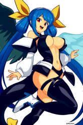 1girl absurdres angel_wings artist_name asymmetrical_wings bare_shoulders belt black_thighhighs blue_hair breasts center_opening choker dizzy_(guilty_gear) guilty_gear guilty_gear_x guilty_gear_xx hair_ribbon hair_rings high_heels highres large_breasts leg_up looking_at_viewer monster_girl navel open_mouth puffy_sleeves red_eyes ribbon sideboob sidelocks simple_background skindentation smgold solo stomach tail tail_ornament tail_ribbon thigh_strap thighhighs twintails underboob wings yellow_ribbon