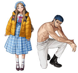 Rule 34 | 1boy, 1girl, abs, black footwear, blue dress, blue eyes, blue hair, boots, brown hair, coat, dress, facial hair, highres, jewelry, long hair, looking at viewer, muscular, muscular male, necklace, original, pants, purple ribbon, ribbon, rinotuna, shadow, shoes, short hair, simple background, sleeves past wrists, smile, socks, stubble, topless male, white background, white pants, white socks, yellow coat
