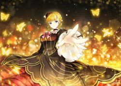 Rule 34 | 1girl, beatrice (umineko), blonde hair, blue eyes, bow, bug, butterfly, choker, dress, flower, foreshortening, hair bun, hair flower, hair ornament, insect, outstretched hand, red flower, red rose, rose, single hair bun, sparkle, umineko no naku koro ni, vilor, yellow butterfly