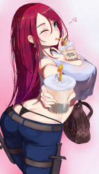 Rule 34 | 1girl, ;o, ass, bag, between breasts, breasts, bubble tea, bubble tea challenge, butt crack, cleavage, cowboy shot, crop top, dagger, denim, drink, drinking straw, green eyes, heart, highres, jeans, katarina (league of legends), knife, large breasts, league of legends, long hair, looking at another, looking at viewer, midriff, object on breast, one eye closed, open mouth, outstretched arm, panties, pants, pao mian+dan, reaching, reaching towards viewer, red hair, scar, scar across eye, scar on face, simple background, solo, standing, striped clothes, striped panties, thong, underwear, very long hair, weapon, whale tail (clothing), wink