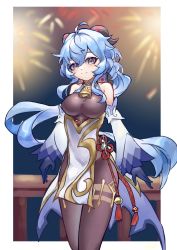 Rule 34 | 1girl, absurdres, ahoge, bare shoulders, bell, black legwear, blue gloves, blue hair, blush, bodystocking, bodysuit, bow, breasts, chinese knot, detached sleeves, fireworks, flower knot, ganyu (genshin impact), genshin impact, gloves, gold trim, highres, horns, long hair, looking at viewer, medium breasts, neck bell, pelvic curtain, purple eyes, red rope, rope, sidelocks, solo, standing, tassel, thighlet, user tcxc7872, vision (genshin impact), white sleeves