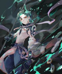 Rule 34 | 1boy, ahoge, aqua hair, arm tattoo, armor, asymmetrical clothes, closed mouth, commentary request, eyeshadow, facial mark, forehead mark, genshin impact, gloves, green hair, highres, holding, holding weapon, looking at viewer, makeup, male focus, multicolored hair, polearm, red eyeshadow, shiraishi (siraisi00), solo, spear, spikes, tattoo, twitter username, vision (genshin impact), weapon, xiao (genshin impact), yellow eyes