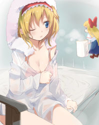Rule 34 | 1girl, ;o, alice margatroid, bad id, bad pixiv id, blonde hair, blue eyes, bottomless, bra, breasts, cleavage, cup, doll, female focus, gotyou, hairband, lingerie, long hair, mug, one eye closed, shanghai doll, short hair, small breasts, solo, touhou, towel, underwear, wet, wet clothes, wink