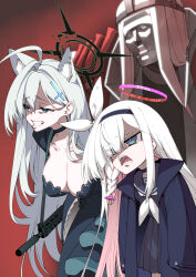 Rule 34 | 1boy, 2girls, ahoge, animal ear fluff, animal ears, assault rifle, black sailor collar, blue archive, blue eyes, braid, breasts, choker, cleavage, coat, cross hair ornament, extra ears, grey hair, grin, gun, hair between eyes, hair ornament, hair over one eye, hairband, halo, highres, hitotose rin, large breasts, leaning forward, long hair, long sleeves, multicolored hair, multiple girls, neckerchief, open clothes, open coat, open mouth, phrenapates (blue archive), plana (blue archive), pleated skirt, ribbon, sailor collar, school uniform, serafuku, shiroko (blue archive), shiroko terror (blue archive), side braid, sig sauer 556, simple background, skirt, smile, weapon, white hair, wolf ears