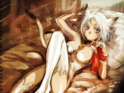 Rule 34 | 00s, 1girl, animal ears, bed, blue eyes, breasts, cat ears, cat girl, cat tail, doraeshi, final fantasy, final fantasy xi, legs, lingerie, lying, mithra (ff11), pillow, scan, scan artifacts, silver hair, solo, tail, teddy (lingerie), thighhighs