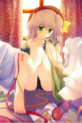 Rule 34 | 1girl, barefoot, between toes, curtains, feet, female focus, holding with feet, green eyes, hat, highres, jpeg artifacts, komeiji koishi, md5 mismatch, panties, rei (artist), rei (rei&#039;s room), resolution mismatch, ribbon, short hair, silver hair, sitting, soles, solo, source smaller, toes, touhou, underwear