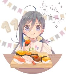 Rule 34 | 1girl, :q, ahoge, anniversary, blue hair, colis, copyright name, food, grey hair, hair between eyes, hair ribbon, holding, holding food, kantai collection, kiyoshimo (kancolle), long hair, low twintails, multicolored hair, purple eyes, ribbon, smile, solo, sushi, table, tongue, tongue out, twintails, twitter username, upper body, yellow ribbon