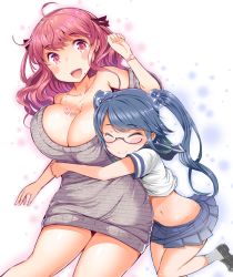 Rule 34 | 2girls, :d, bare shoulders, blue hair, blush, breasts, cleavage, clothes lift, dress, eba, closed eyes, glasses, hair bobbles, hair ornament, hair ribbon, heart, heart necklace, hug, hug from behind, huge breasts, long hair, miniskirt, mole, mole under mouth, multiple girls, navel, necklace, open mouth, original, pink eyes, pink hair, pleated skirt, ribbon, school uniform, serafuku, shirt lift, skirt, smile, stomach, sweater, sweater dress, twintails, very long hair, watch, wristwatch