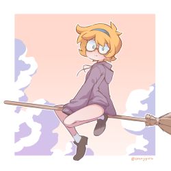 Rule 34 | 1girl, arm support, blonde hair, blue eyes, blue hairband, border, bottomless, broom, broom riding, brown footwear, closed mouth, cloud, day, english text, freckles, full body, glasses, grey hoodie, hairband, highres, hood, hood down, hoodie, little witch academia, loafers, looking at viewer, lotte jansson, orenji (wholesomeorenji), outline, outside border, round eyewear, semi-rimless eyewear, shoes, short hair, sidelocks, sky, sleeves past fingers, sleeves past wrists, smile, socks, solo, twitter username, white border, white outline, white socks