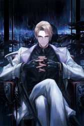 Rule 34 | 1boy, black collar, black gloves, black necktie, blonde hair, blue eyes, cane, chair, city, closed mouth, collar, crossed legs, danhu, eyes visible through hair, final fantasy, final fantasy vii, final fantasy vii remake, fingerless gloves, fingernails, folded fan, folding fan, formal, gloves, hand fan, highres, indoors, leash, looking at viewer, male focus, necktie, own hands together, plant, rain, rufus shinra, shinra hq, signature, sitting, smile, solo, spiked collar, spikes, square enix, suit, white suit, window