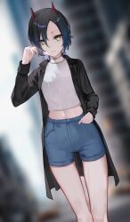 Rule 34 | 1girl, alternate costume, azur lane, black coat, black hair, blue shorts, blurry, blurry background, breasts, casual, choker, coat, collared coat, commentary, expressionless, hand in pocket, hand up, highres, horns, looking at viewer, maanu, medium breasts, medium hair, midriff, navel, open clothes, open coat, outdoors, shirt, short shorts, shorts, solo, ulrich von hutten (azur lane), white shirt, yellow eyes