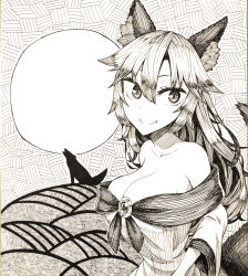 Rule 34 | 1girl, animal ears, breasts, brooch, cleavage, closed mouth, commentary request, dress, fang, fang out, full moon, graphite (medium), greyscale, hair between eyes, hatching, highres, imaizumi kagerou, jewelry, ke-su, large breasts, long hair, long sleeves, looking at viewer, monochrome, moon, off-shoulder dress, off shoulder, shikishi, smile, solo, split mouth, tail, touhou, traditional media, upper body, wolf, wolf ears, wolf girl, wolf tail
