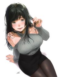 Rule 34 | 1girl, arm support, artist name, bad id, bad twitter id, bare shoulders, black hair, black pantyhose, blush, breasts, brown eyes, collarbone, criss-cross halter, from above, halterneck, holding, holding own hair, kamiyama aya, large breasts, long hair, long sleeves, looking at viewer, looking up, medium breasts, nervous, original, pantyhose, pencil skirt, playing with own hair, ribbed sweater, signature, simple background, sitting, skirt, sleeves past wrists, smile, solo, sweatdrop, sweater, teasing, white background