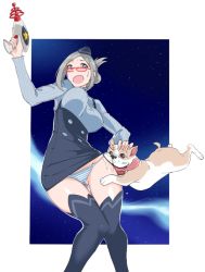 Rule 34 | 1girl, bad id, bad pixiv id, blush, bouncing breasts, breasts, clothes lift, dog, drooling, folded ponytail, grey eyes, grey hair, high-waist skirt, hip-hop nyang-i, large breasts, open mouth, panties, phaser, red-framed eyewear, shirt lift, skirt, solo, striped clothes, striped panties, sweatdrop, thighhighs, tongue, tongue out, underbust, underwear
