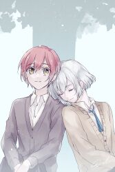 Rule 34 | 1boy, 1girl, androgynous, bob cut, cardigan, closed eyes, collared shirt, colored eyelashes, commentary request, eyelashes, grey cardigan, hair between eyes, head on another&#039;s shoulder, highres, jack jeanne, leaning on person, long sleeves, looking at viewer, pink hair, shirota mitsuki, shirt, short hair, sitting, sketch, smile, t0day8, tachibana kisa, tree, upper body, white hair, white shirt, yellow eyes