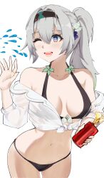 Rule 34 | 1girl, :d, absurdres, bare shoulders, bikini, black bikini, black hairband, blue eyes, blue pupils, bow, collarbone, cowboy shot, firefly (honkai: star rail), green bow, grey hair, hair bow, hairband, half updo, hand up, highres, holding, honkai: star rail, honkai (series), kagurachi, looking to the side, navel, one eye closed, open hand, open mouth, pink eyes, ponytail, see-through, see-through shirt, shirt, sidelocks, simple background, smile, solo, stomach, swimsuit, teeth, two-tone eyes, white background, white shirt