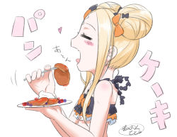 Rule 34 | 1girl, = =, abigail williams (emerald float) (fate), abigail williams (fate), bare arms, bare shoulders, bikini, black bikini, black bow, blonde hair, blush stickers, bow, commentary request, double bun, closed eyes, fang, fate/grand order, fate (series), fingernails, food, fork, from side, hair bow, heart, holding, holding fork, holding plate, long hair, neon-tetora, official alternate costume, open mouth, orange bow, pancake, plate, profile, side bun, sidelocks, signature, simple background, solo, swimsuit, translation request, white background
