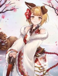 Rule 34 | 1girl, animal, animal ears, bare shoulders, blonde hair, blush, braid, branch, breasts, brown eyes, brown headwear, closed mouth, closed umbrella, commentary request, dog, dog ears, floral print, flower, fur-trimmed kimono, fur-trimmed sleeves, fur trim, garjana, granblue fantasy, hair flower, hair ornament, hair ribbon, hat, interlocked fingers, japanese clothes, kimono, long sleeves, looking at viewer, obi, off shoulder, oil-paper umbrella, own hands together, pink flower, print kimono, red flower, red ribbon, red umbrella, ribbon, sash, shiao, small breasts, smile, umbrella, vajra (granblue fantasy), white kimono, wide sleeves