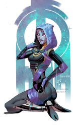 Rule 34 | 1girl, 2022, alien, ass, black bodysuit, bodysuit, breasts, colored sclera, colored skin, commentary, commission, english commentary, fewer digits, from side, hand on own hip, highres, hood, hood pull, hood up, hooded bodysuit, looking at viewer, mass effect (series), mass effect 3, medium breasts, purple hair, purple sclera, purple skin, quarian, seiza, short hair, signature, sitting, skin tight, solo, tali&#039;zorah, twisted torso, twitter username, vontvirus, white eyes