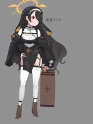 Rule 34 | 1girl, absurdres, black dress, black hair, black veil, blue archive, breasts, brown footwear, dress, garter straps, grey background, halo, highres, hinata (blue archive), large breasts, long hair, looking to the side, nun, orange eyes, shoes, simple background, smokedfox, solo, thighhighs, twitter, veil, white thighhighs, yellow halo