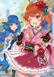 Rule 34 | 2girls, absurdres, ahoge, holding behind back, black gloves, blue eyes, blue hair, blurry, blurry background, blush, bow, breasts, choker, dress, flower, food, frilled skirt, frills, gloves, green bow, hair flower, hair ornament, highres, holding, holding food, japanese clothes, kimono, long hair, long sleeves, looking at another, multiple girls, one eye closed, open mouth, orange hair, pointing, red bow, red choker, red eyes, red flower, red ribbon, ribbon, setsuna (shironeko project), shironeko project, short hair, short kimono, skirt, small breasts, tatejima uri, teeth, towa (shironeko project), upper teeth only, white flower, wide sleeves