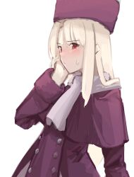 Rule 34 | 1girl, absurdres, blush, buttons, capelet, commentary, deko morii, dress, english commentary, fate/stay night, fate (series), hand on own cheek, hand on own face, highres, illyasviel von einzbern, long hair, long sleeves, purple capelet, purple dress, purple headwear, red eyes, scarf, solo, white background, white hair, white scarf