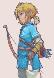 Rule 34 | 1boy, arrow (projectile), bad id, bad pixiv id, blonde hair, blue eyes, bow (weapon), child, fingerless gloves, gloves, link, male focus, nintendo, norasuko, pointy ears, quiver, short ponytail, solo, the legend of zelda, the legend of zelda: breath of the wild, tunic, weapon