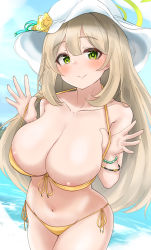 Rule 34 | 1girl, absurdres, areola slip, bare shoulders, bikini, blue archive, bracelet, breasts, cleavage, collarbone, cowboy shot, front-tie bikini top, front-tie top, green eyes, halo, hat, highres, jewelry, large breasts, light brown hair, long hair, looking at viewer, machismo fuji, navel, nonomi (blue archive), nonomi (swimsuit) (blue archive), side-tie bikini bottom, smile, solo, sun hat, swimsuit, very long hair, white hat, yellow bikini