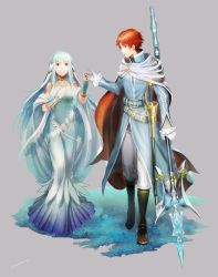 Rule 34 | 1boy, 1girl, amatari sukuzakki, belt, blue eyes, blue hair, boots, cape, dress, eliwood (fire emblem), fire emblem, fire emblem: the blazing blade, fire emblem heroes, gloves, grey background, holding hands, highres, holding, holding weapon, knee boots, long hair, long sleeves, looking to the side, ninian, nintendo, polearm, red eyes, red hair, short hair, simple background, weapon, white gloves