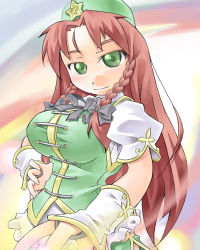 Rule 34 | 1girl, bad anatomy, braid, chinese clothes, female focus, green eyes, hat, hong meiling, immaterial and missing power, looking at viewer, lowres, nyagakiya, red hair, short sleeves, solo, star (symbol), touhou, twin braids, upper body, wrist cuffs