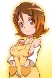 Rule 34 | 10s, 1girl, bow, breasts, brown eyes, brown hair, detached sleeves, hands in pockets, happinesscharge precure!, iruka-margarine, naked overalls, oomori yuuko, overalls, precure, ryuuta (cure ryuuta), short hair, sideboob, smile, solo