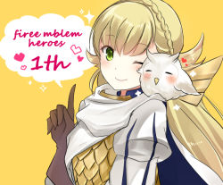 Rule 34 | 1girl, armor, blonde hair, braid, brown gloves, closed mouth, crown braid, feh (fire emblem heroes), fire emblem, fire emblem heroes, gloves, green eyes, long hair, nintendo, on shoulder, one eye closed, rojiura-cat, scale armor, sharena (fire emblem), simple background, smile, yellow background
