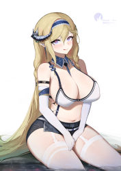 Rule 34 | 1girl, :q, adapted costume, arknights, artist name, bare shoulders, belt, between breasts, between legs, bikini, bikini top only, black skirt, blonde hair, blue hairband, blue necktie, blush, braid, breasts, character name, cleavage, closed mouth, commentary request, detached collar, dragon horns, earrings, elbow gloves, garter straps, gloves, hairband, hand between legs, highres, horns, jewelry, large breasts, long hair, looking at viewer, miniskirt, navel, necktie, necktie between breasts, pointy ears, purple eyes, saileach (arknights), sawaki ken, simple background, skirt, smile, soaking feet, solo, stomach, straight hair, swimsuit, thighhighs, thighs, tongue, tongue out, twin braids, very long hair, water, white background, white bikini, white gloves, white thighhighs