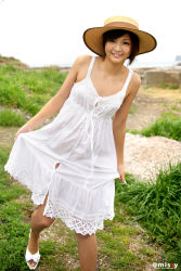 Rule 34 | 1girl, asian, dress, hat, highres, japanese (nationality), nagasaki rina, photo (medium), short hair, solo, straw hat, sundress