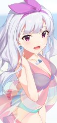 1girl :d aqua_bikini arm_behind_back ass bikini blush bow breasts cleavage collarbone cowboy_shot earrings floating_hair hair_bow hairband highres idolmaster idolmaster_(classic) inuyama_nanami jewelry long_hair medium_breasts necklace open_mouth purple_bow purple_eyes purple_hairband see-through_clothes shijou_takane silver_hair smile solo standing swimsuit very_long_hair white_background