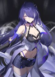 Rule 34 | 1girl, acheron (honkai: star rail), bare shoulders, black gloves, black shorts, breasts, cleavage, coat, commentary, cowboy shot, crop top, elbow gloves, gloves, highres, honkai: star rail, honkai (series), i a n, large breasts, long hair, looking at viewer, midriff, navel, purple eyes, purple hair, short shorts, shorts, single bare shoulder, sketch, solo, standing, stomach, thighs, very long hair
