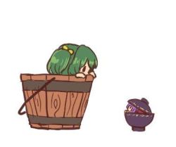 Rule 34 | . ., 2girls, bow, bowl, bowl hat, bucket, chibi, eye contact, green hair, hair bobbles, hair bow, hair ornament, hat, in bowl, in bucket, in container, jpeg artifacts, kisume, looking at another, lowres, mini person, minigirl, multiple girls, peeking out, purple hair, simple background, sukuna shinmyoumaru, terrajin, touhou, white background, wooden bucket