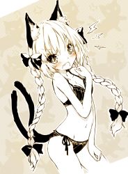 Rule 34 | 1girl, anger vein, angry, animal ear fluff, animal ears, black bra, black panties, blush, bolt (hardware), bow, bra, braid, breasts, cat, cat ears, cat tail, cleavage, fang, female focus, groin, hair bow, kaenbyou rin, long hair, looking at viewer, multiple tails, navel, panties, saeki touma, side-tie panties, solo, spot color, tail, touhou, twin braids, twintails, underwear, underwear only