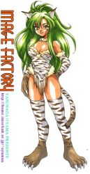 Rule 34 | 1girl, animal ears, animal hands, animal print, artist name, breasts, cat ears, cat tail, claws, cleavage, full body, gloves, green hair, long hair, paw gloves, simple background, smile, solo, tail, thighhighs, tiger print, watermark, web address, white background, yasunaga oyama, yellow eyes