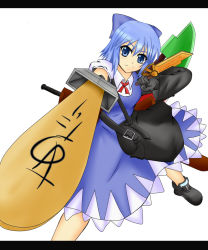 Rule 34 | 1girl, adapted costume, advent cirno, blue eyes, blue hair, bow, cirno, dagger, dual wielding, gloves, hair bow, holding, knife, kochiya hizuki, letterboxed, long sleeves, matching hair/eyes, short hair, short sleeves, solo, sword, touhou, weapon, white background