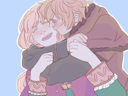 Rule 34 | 2boys, androgynous, blonde hair, blue background, blush, canute, closed eyes, fur collar, fur trim, hug, hug from behind, kiss, konki, long hair, looking at another, male focus, multiple boys, open mouth, prince, simple background, teeth, thorfinn, tongue, upper teeth only, viking, vinland saga, yaoi