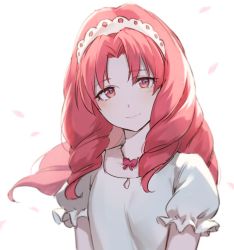 Rule 34 | 1girl, akagi towa, bad id, bad twitter id, blush, go! princess precure, hairband, jewelry, long hair, looking at viewer, necklace, precure, puffy short sleeves, puffy sleeves, red eyes, red hair, short sleeves, simple background, smile, solo, tomari (veryberry00)