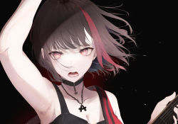 Rule 34 | 1girl, absurdres, armpits, bad id, bad pixiv id, bang dream!, black choker, breasts, brown eyes, brown hair, chain, choker, cleavage, collarbone, floating hair, highres, holding, holding instrument, instrument, jewelry, kisaragi yaya, looking at viewer, mitake ran, multicolored hair, open mouth, pendant, red hair, short hair, sleeveless, solo, streaked hair, upper body