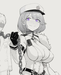 Rule 34 | 1boy, 1girl, azur lane, bad id, bad twitter id, blindfold, blush, breasts, chain, chapayev (azur lane), collar, commander (azur lane), femdom, geso smith, gloves, greyscale, hair ornament, hairclip, hat, highres, holding, holding chain, jacket, large breasts, long sleeves, military hat, mole, mole on breast, monochrome, purple eyes, short hair, simple background, smile, spot color, upper body