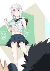 Rule 34 | 1boy, 1girl, a certain high school uniform, absurdres, accelerator (toaru majutsu no index), albino, black hair, black sailor collar, black skirt, bow, briefcase, cable, cellphone, chalkboard, closed mouth, commentary request, eno (enobu hisako), flower, genderswap, genderswap (mtf), hair flower, hair ornament, highres, holding, holding briefcase, holding phone, kamijou touma, looking at another, midriff, navel, phone, pleated skirt, red eyes, sailor collar, school briefcase, school uniform, serafuku, short hair, short sleeves, skirt, smartphone, solo focus, spiked hair, standing, summer uniform, suzushina yuriko, toaru majutsu no index, white bow, white hair