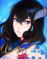 Rule 34 | 1girl, black hair, bloodstained: ritual of the night, blue eyes, brown hair, detached sleeves, gradient hair, hair between eyes, hair ornament, highres, horns, ilya kuvshinov, looking at viewer, miriam (bloodstained), multicolored hair, portrait, short hair, simple background, solo, stained glass, tattoo