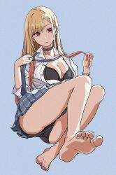 Rule 34 | 1girl, ass, barefoot, blonde hair, bra, breasts, choker, cleavage, feet, highres, kitagawa marin, long hair, looking at viewer, medium breasts, open clothes, open shirt, panties, pantyshot, red eyes, soles, solo, sono bisque doll wa koi wo suru, toes, underwear