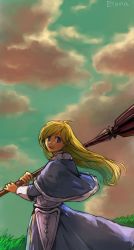 Rule 34 | 1girl, :d, ahoge, aqua sky, armor, armored dress, blonde hair, blue capelet, blue dress, blue eyes, bright pupils, capelet, cloud, cloudy sky, copyright name, day, dress, dusk, elona, eyebrows, facing away, floating hair, golden knight (elona), grass, herayoshi, highres, holding, holding weapon, long hair, long sleeves, looking at viewer, mace, open mouth, outdoors, over shoulder, sky, smile, solo, standing, swept bangs, teeth, tongue, weapon, weapon over shoulder, white pupils, wind, wind lift